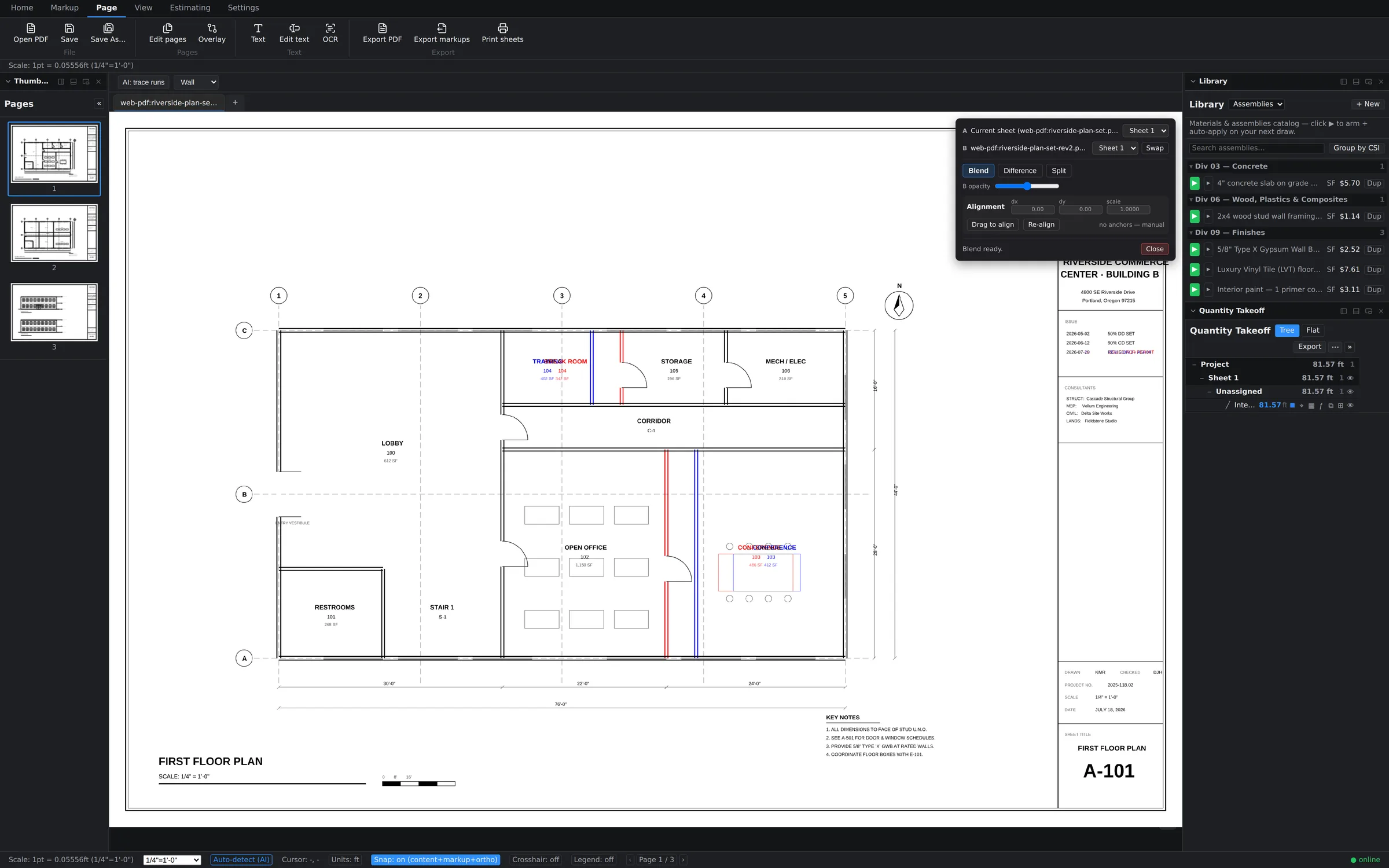 Plan compare overlay showing differences between two revisions