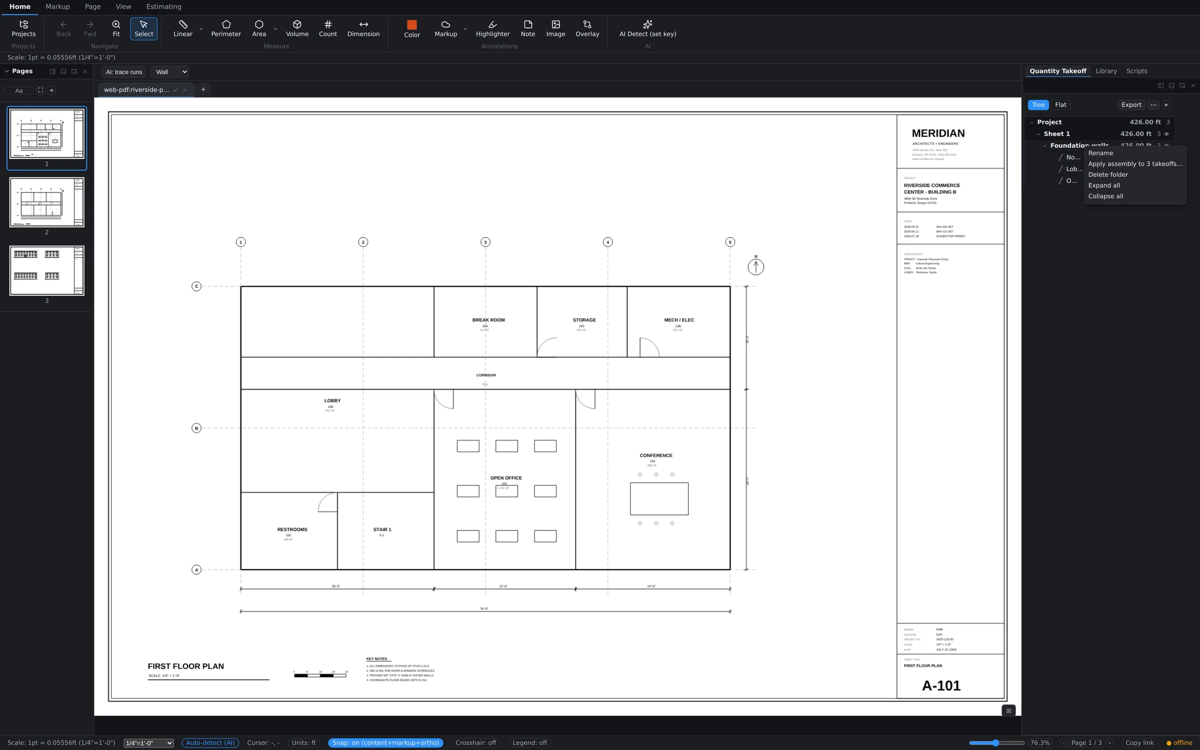 Right-clicking a takeoff-tree folder shows Apply assembly to 3 takeoffs in the context menu