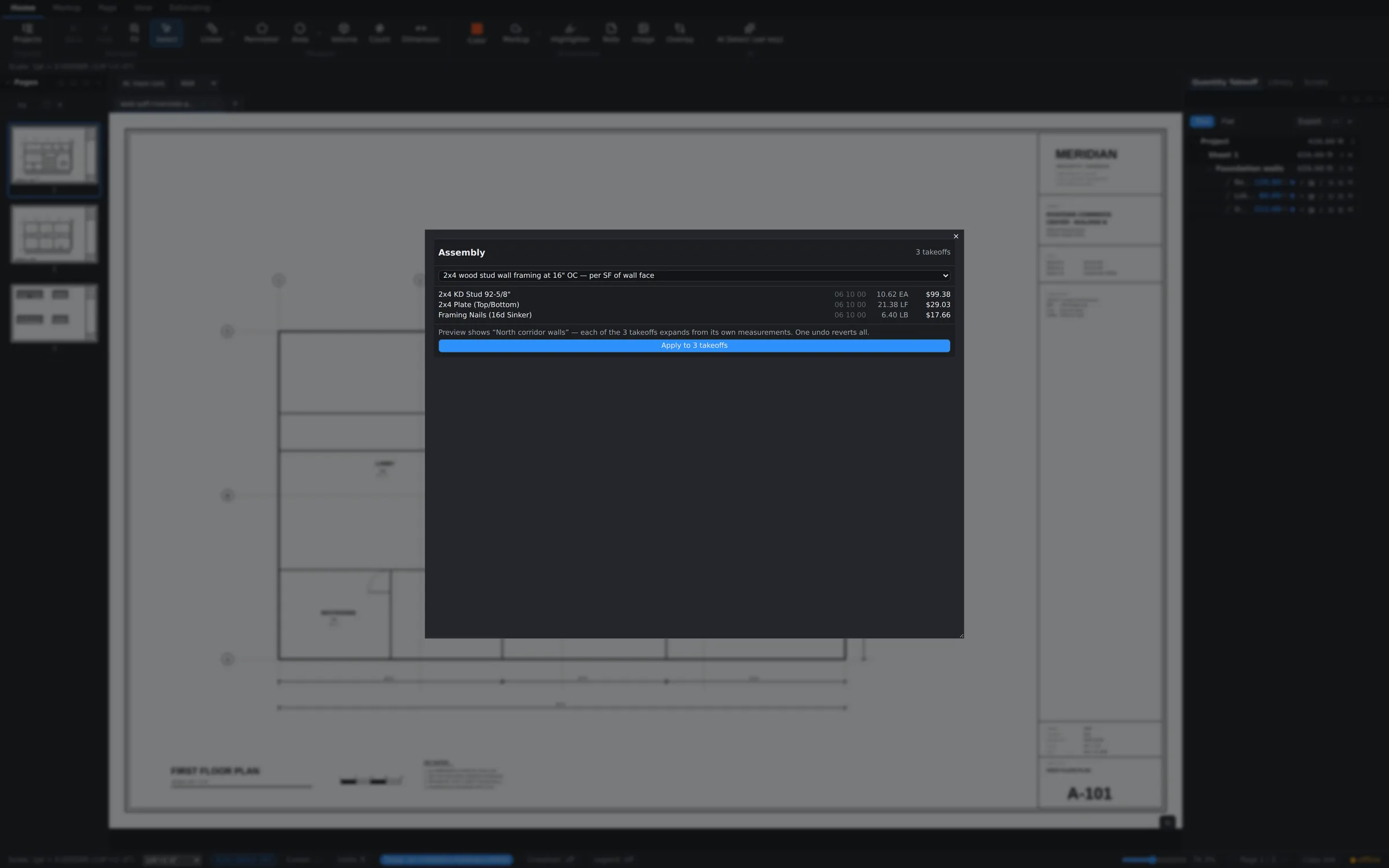 The assembly picker in folder mode, previewing the parts expansion for the first takeoff of three