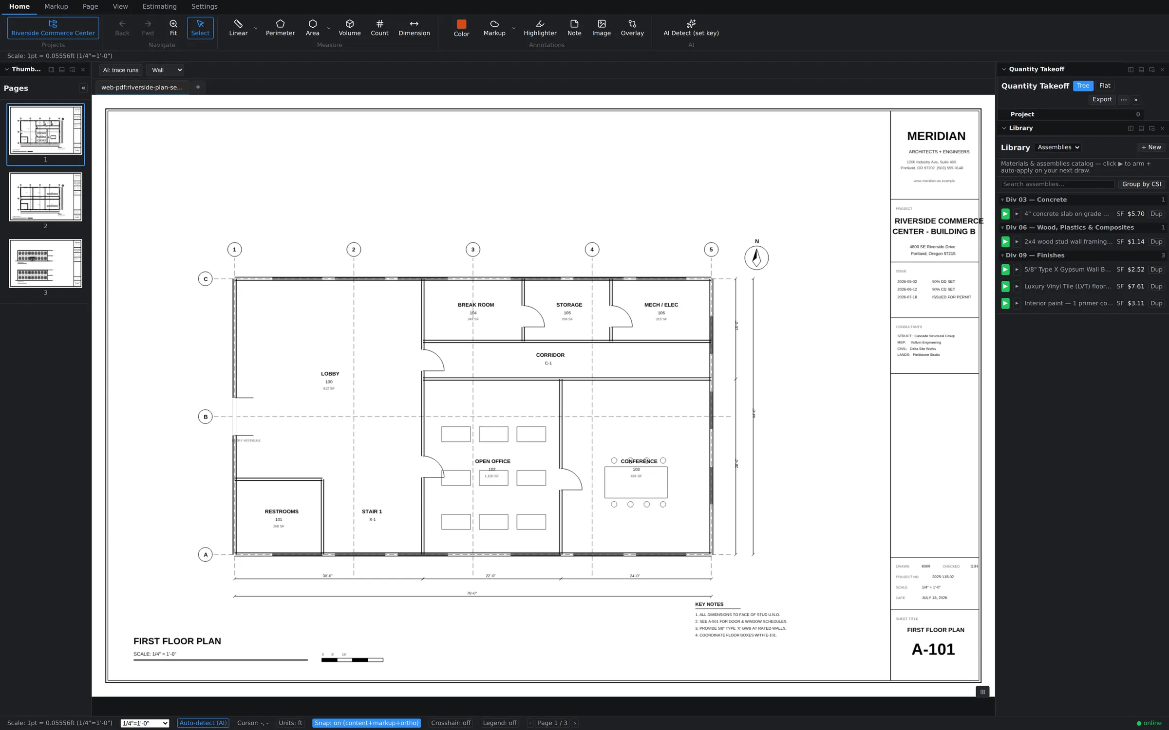 Groundwork Takeoff workspace with a plan sheet, thumbnails panel, and measurement ribbon