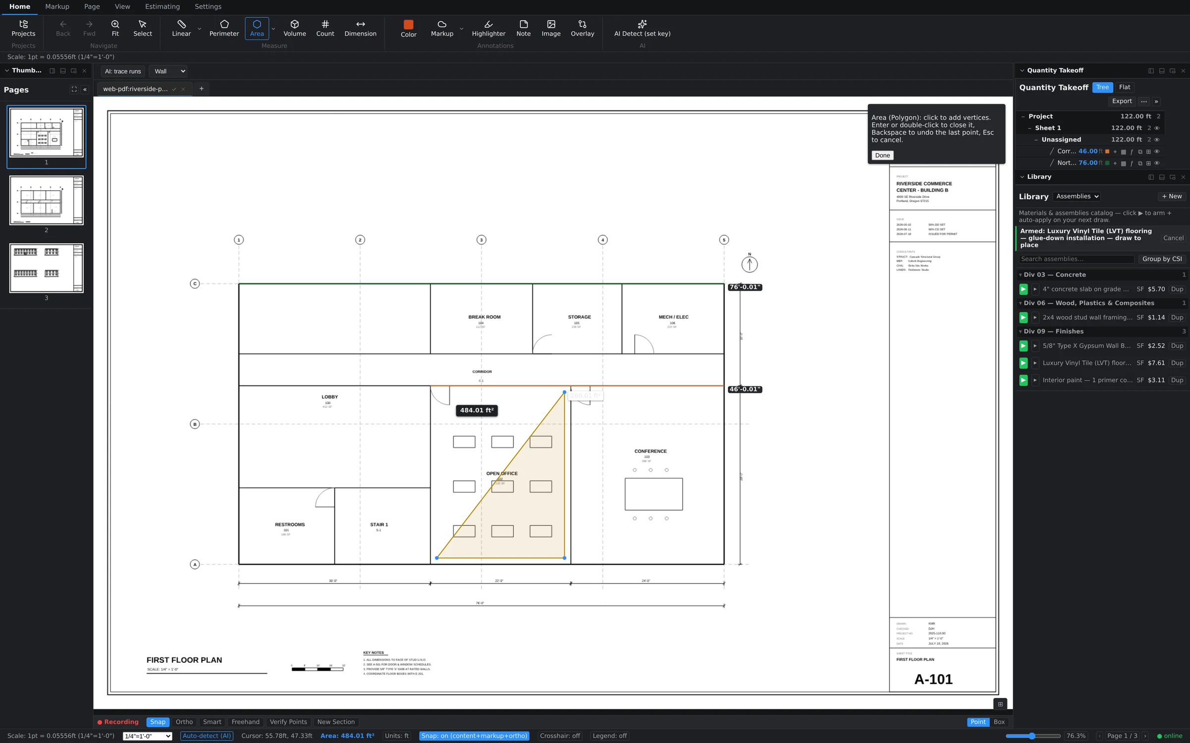 Area polygon mid-draw with a live square-footage label and drawing tooltip