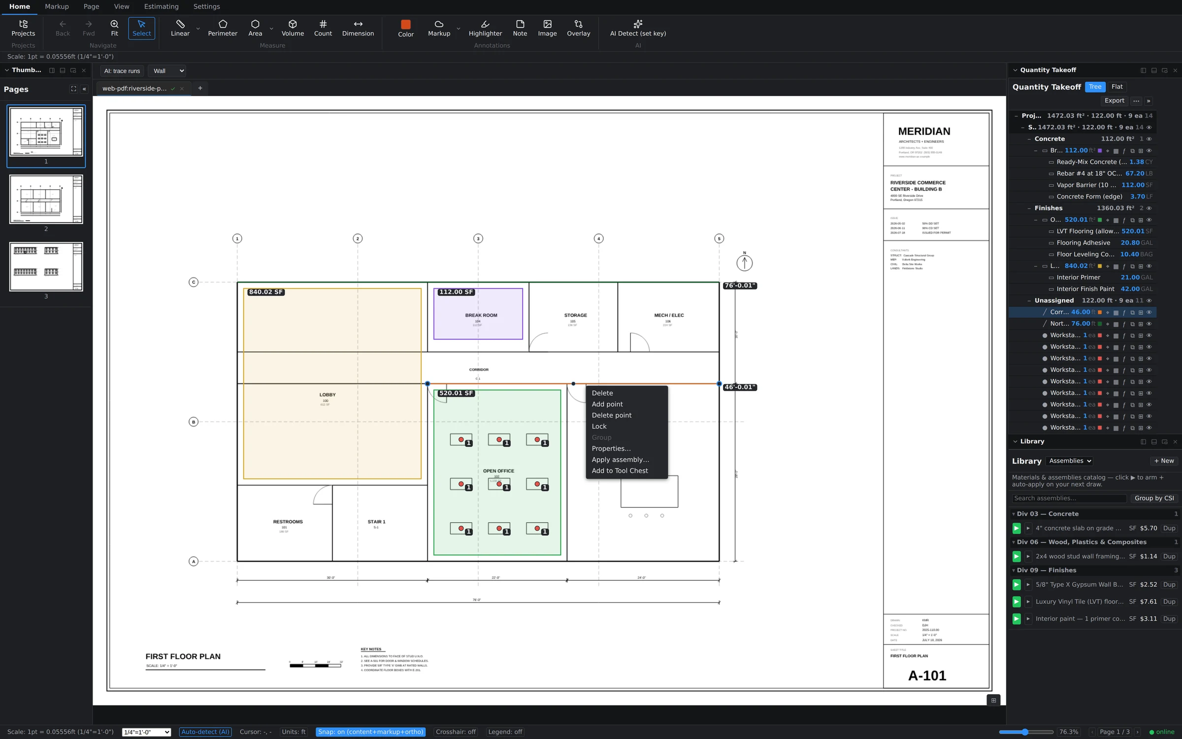 Right-click context menu on a selected linear run showing Delete, Add point, Delete point, Lock, Group, Properties, Apply assembly, and Add to Tool Chest