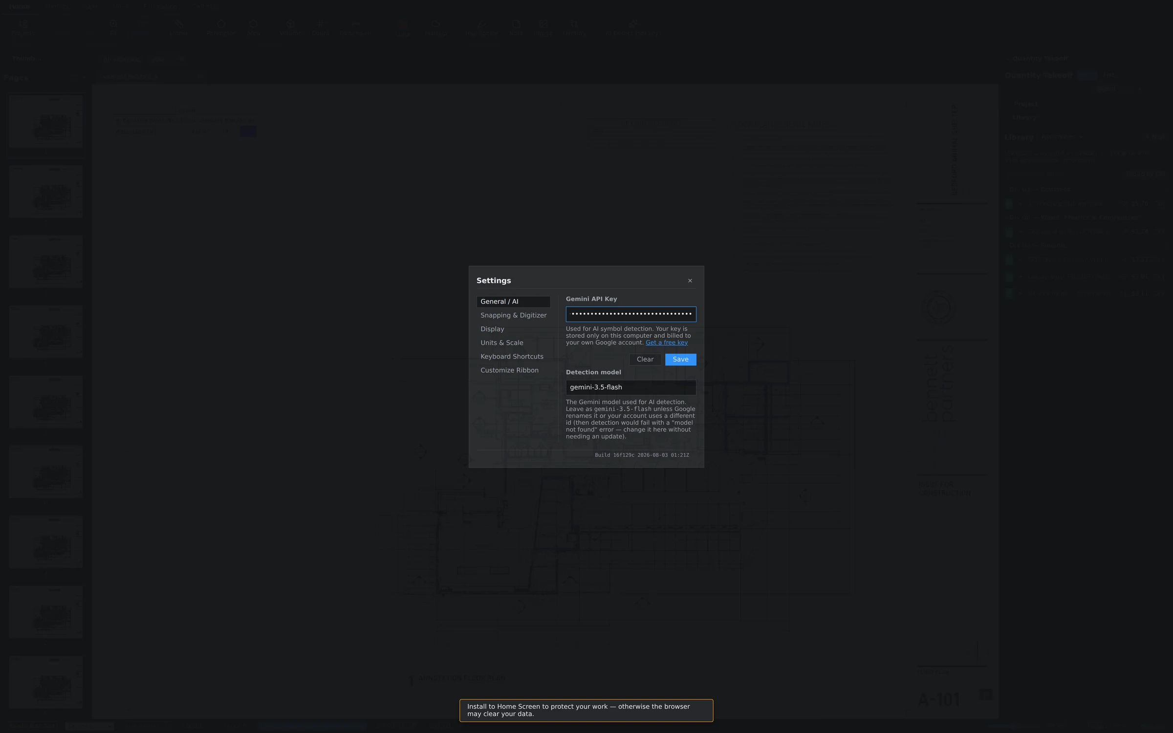 Settings dialog, General / AI section, with the Gemini API Key field, a Get a free key link, and the Detection model field