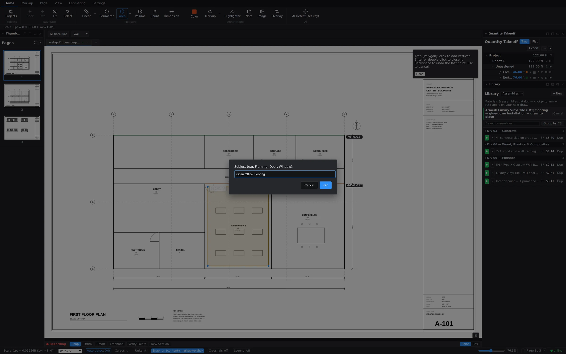 Subject prompt modal at commit time with a name typed in