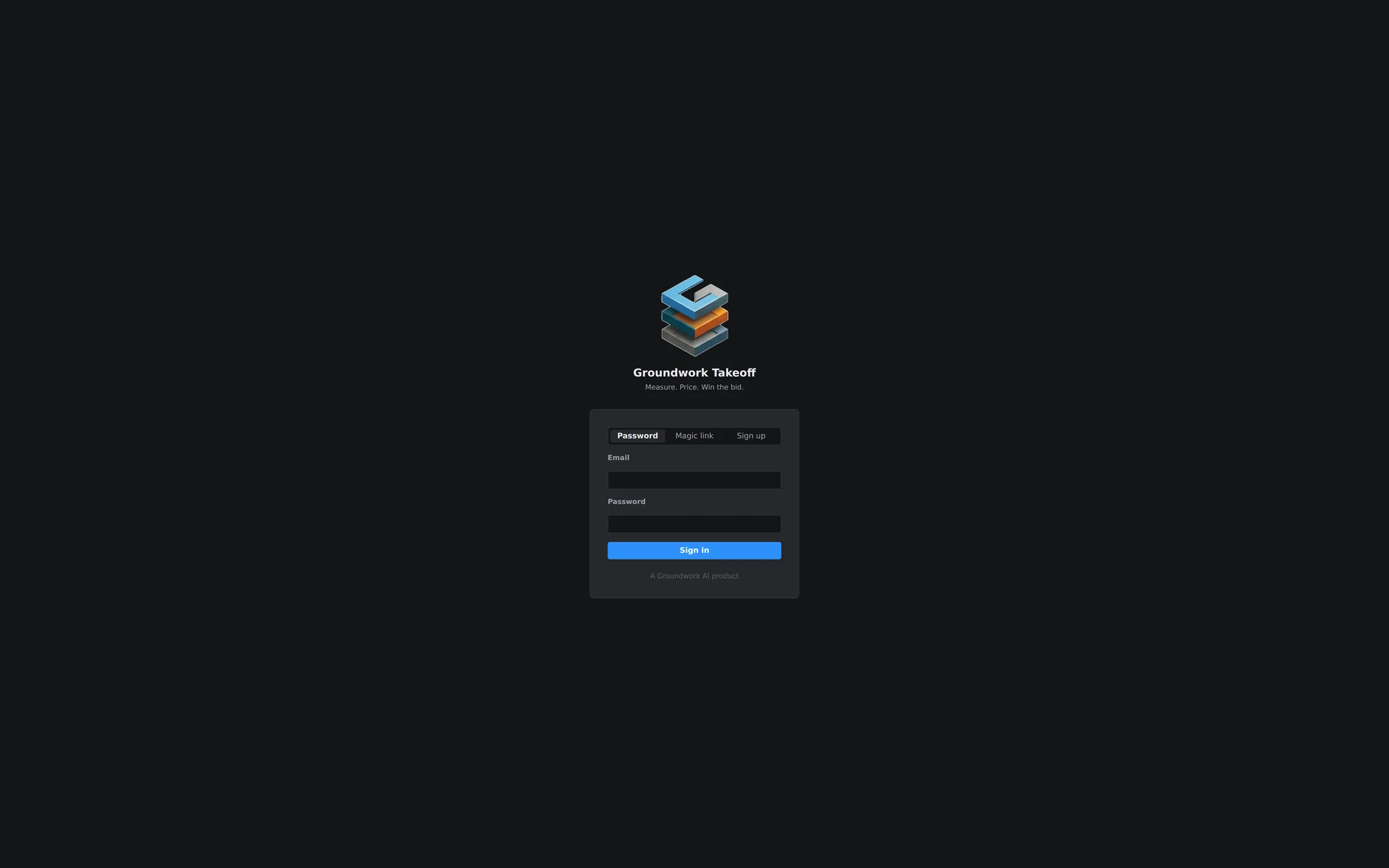 Groundwork Takeoff sign-in screen with Password, Magic link, and Sign up tabs