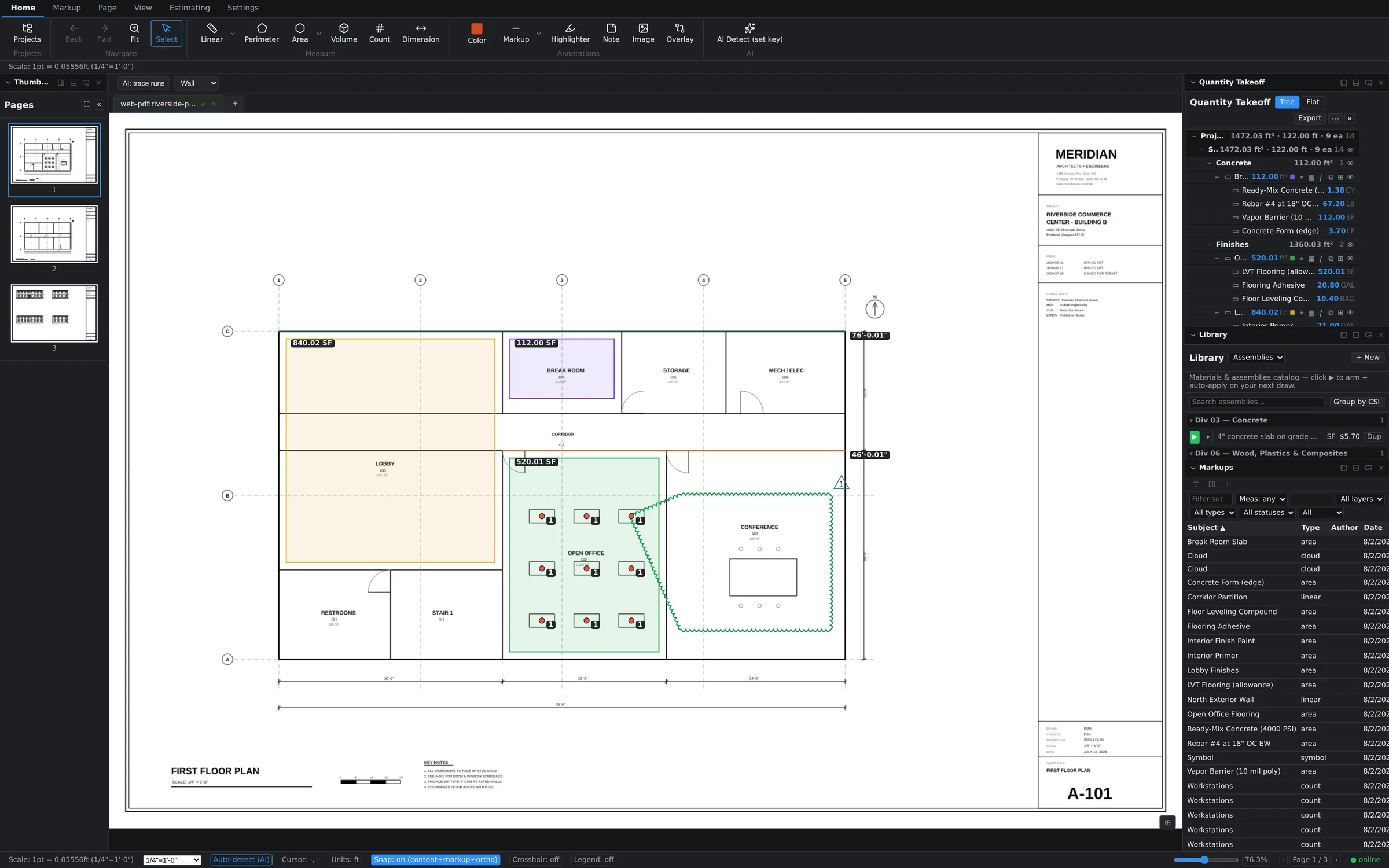 Markups list panel as a filterable grid with a filter row and sortable Subject, Type, Author, and Date columns