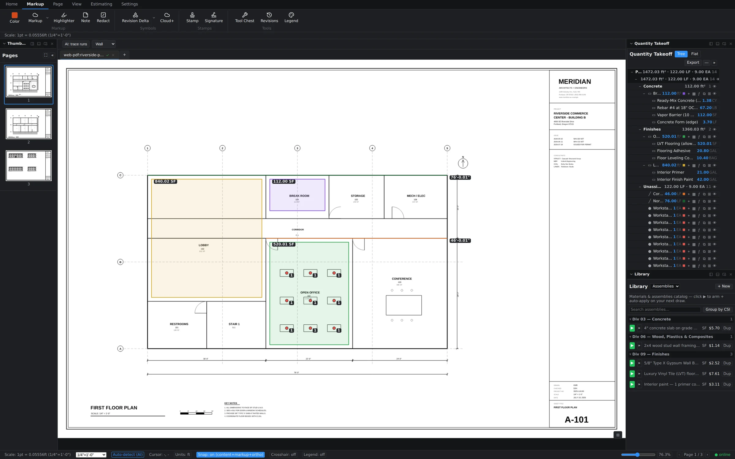Markup ribbon with revision clouds, deltas, stamps, signatures, and the Tool Chest