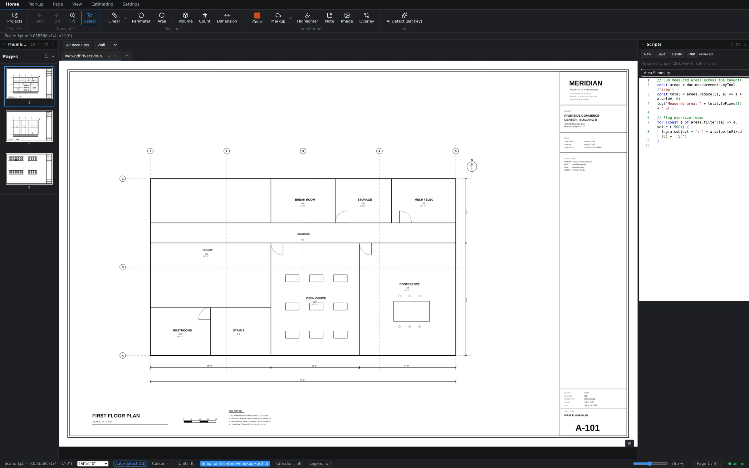 The Scripts panel with a saved Area Summary script open in the code editor