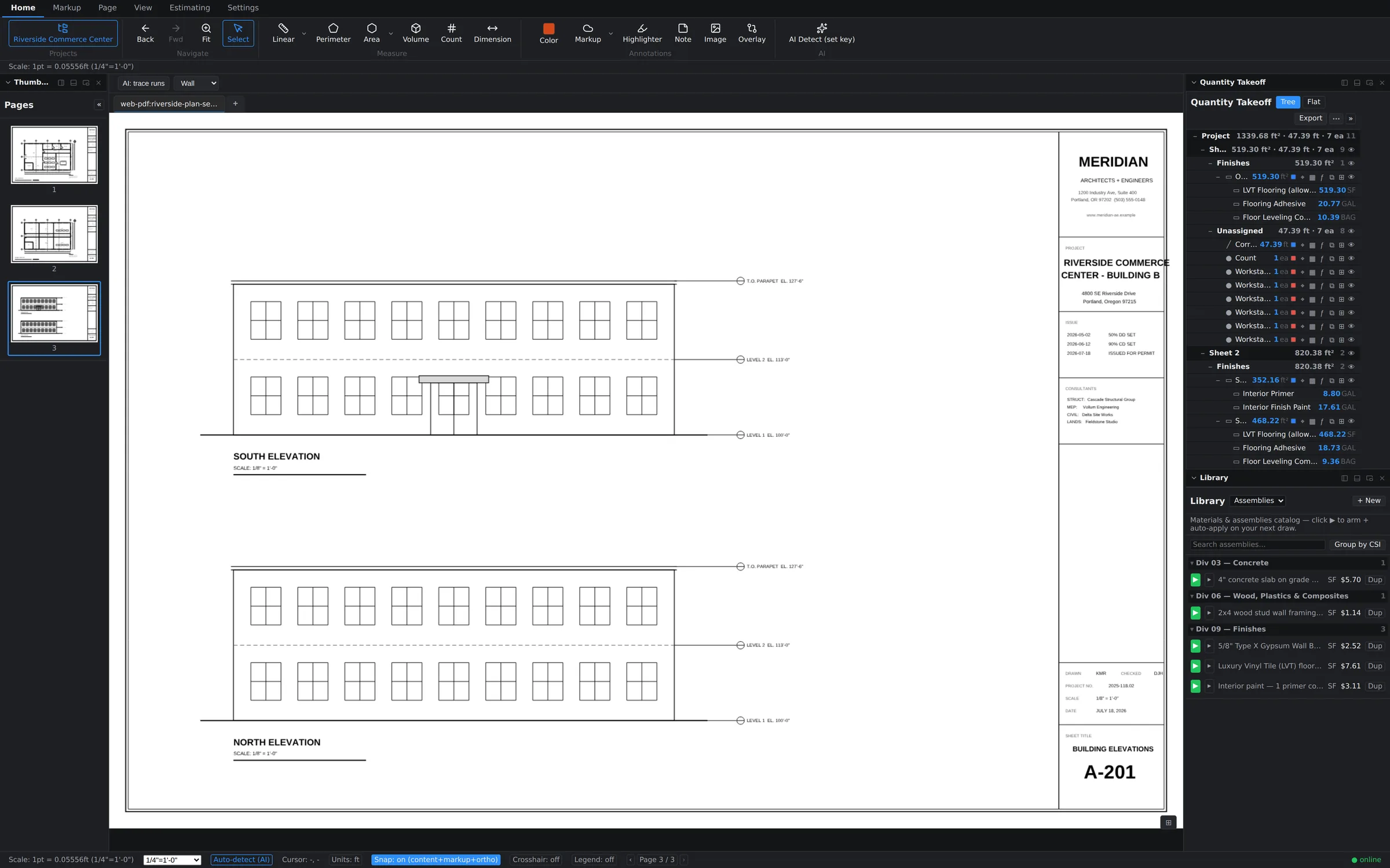 Building elevation sheet A-201 open in the app