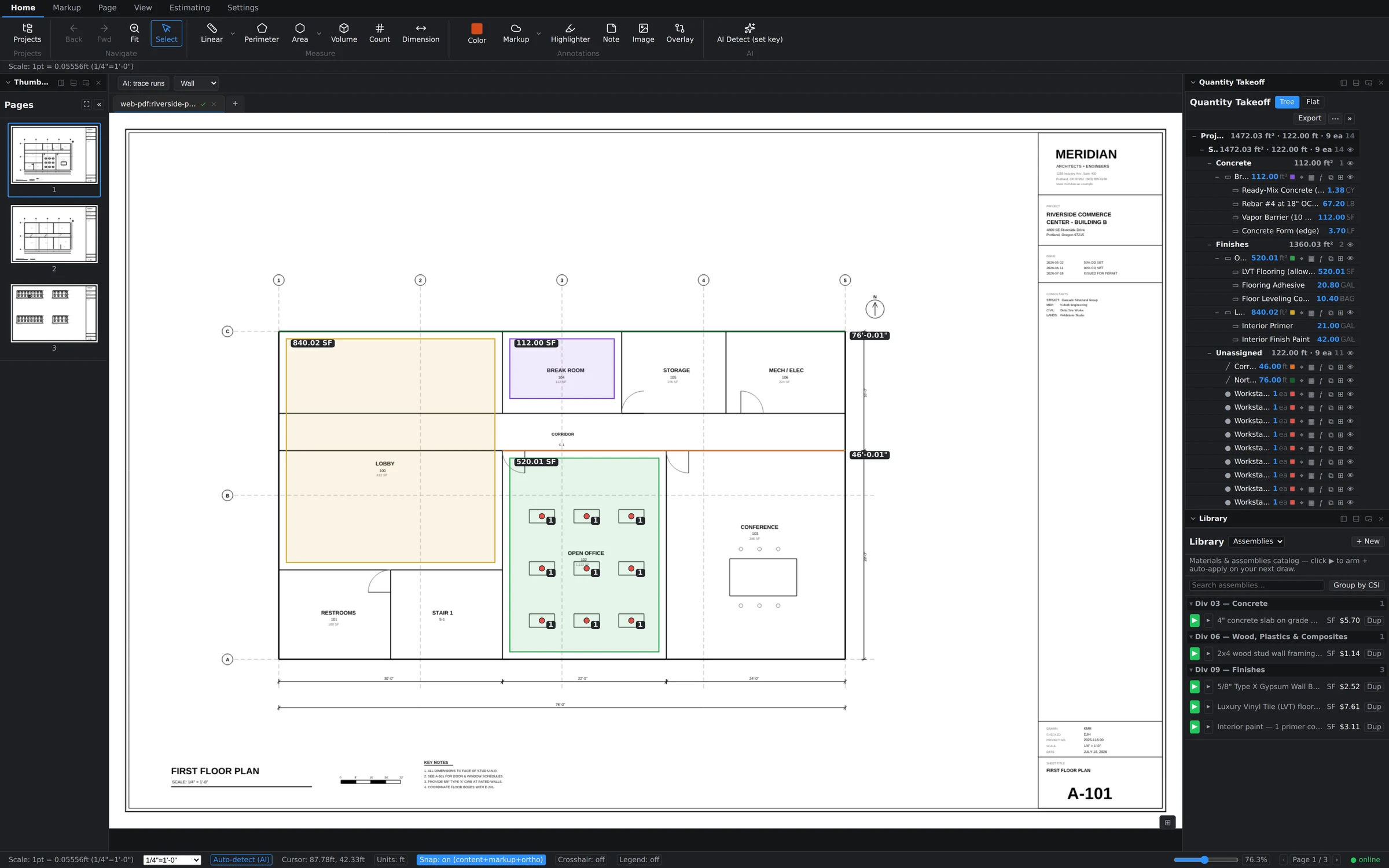 Status bar showing calibrated cursor coordinates, units, snap, scale label, zoom slider, and page indicator